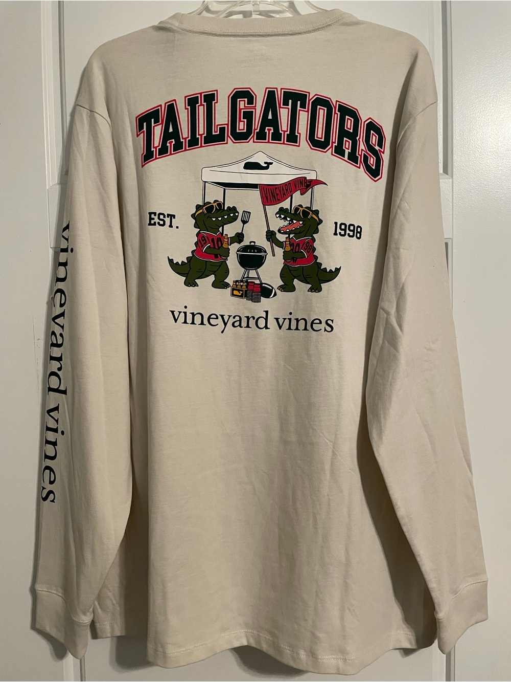 Vineyard Vines Cream Long Sleeve Tee with Green & Red Tailgators Graphic